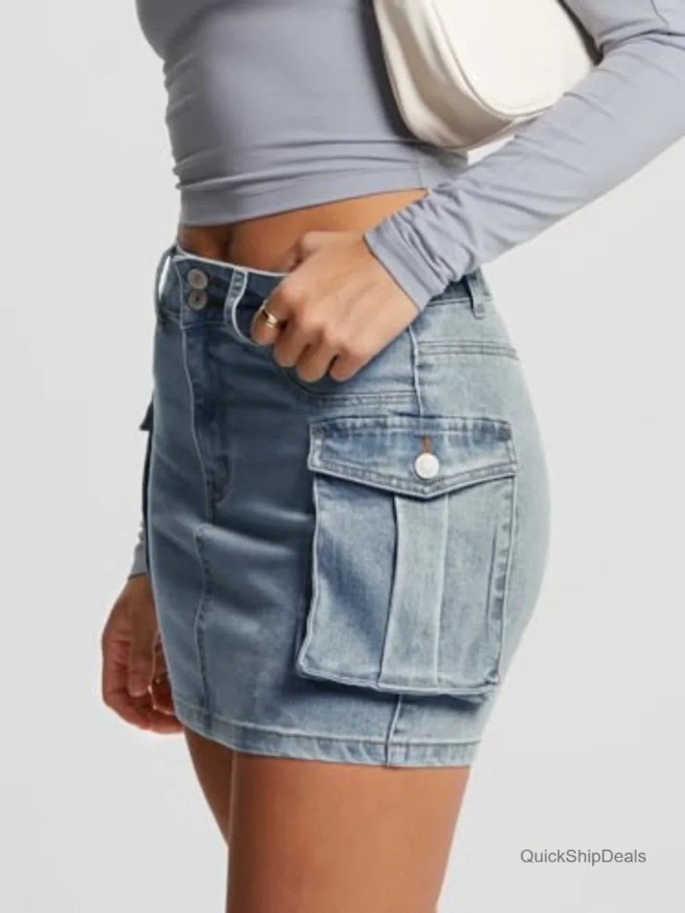 Women's Cargo Mini Denim Skirt with Pockets Y2K Low Rise Summer Cotton Stretch